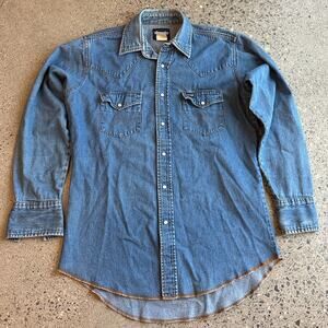 Wrangler Men’s XL Shirt Blue Denim Western Snap Button Shirt Vintage